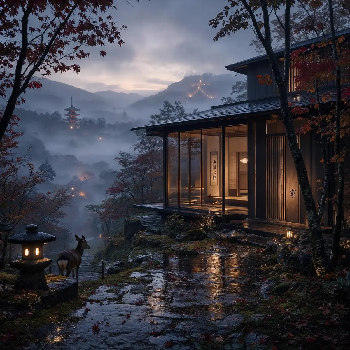 A modern Japanese house in the misty Nara hills at dusk, slightly eerie, autumn trees, ethereal vibe.