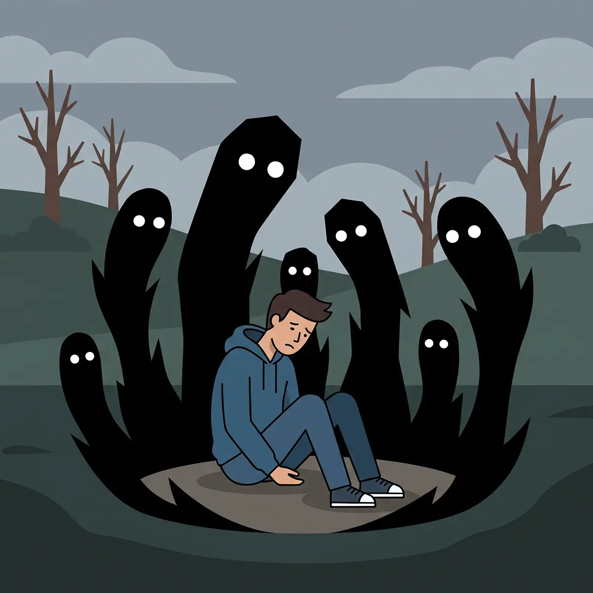 An illustration of a man enslaved by evil spirits