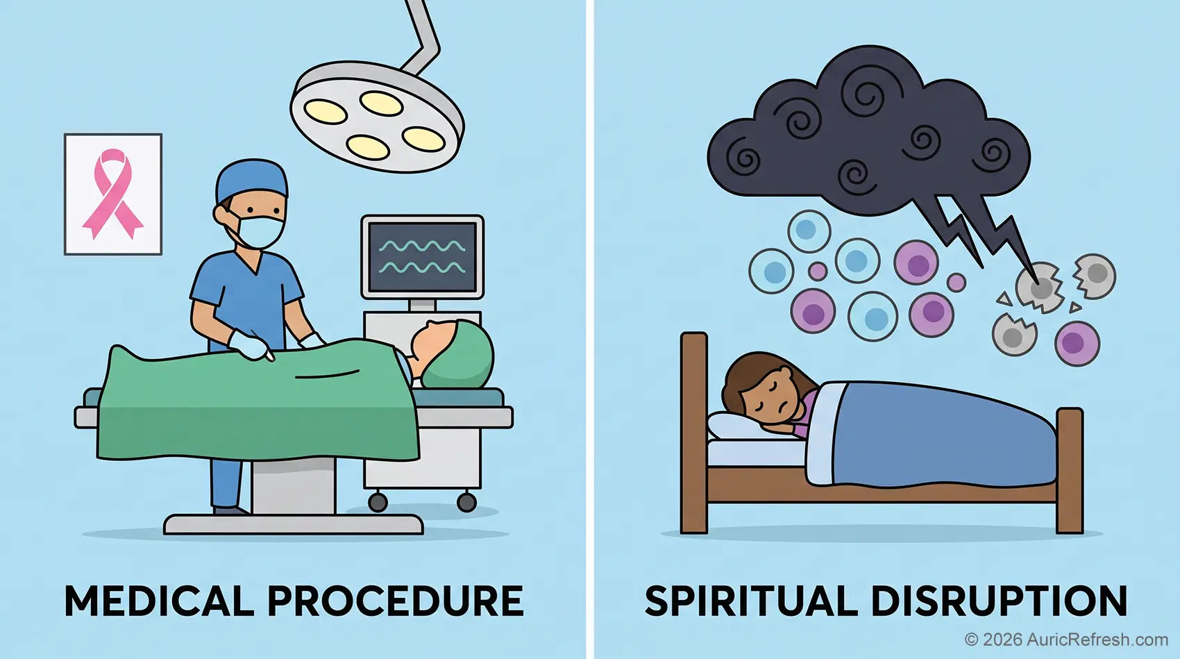 Illustration of a dark spiritual energy attaching to and disrupting healthy human cells after breast cancer surgery.