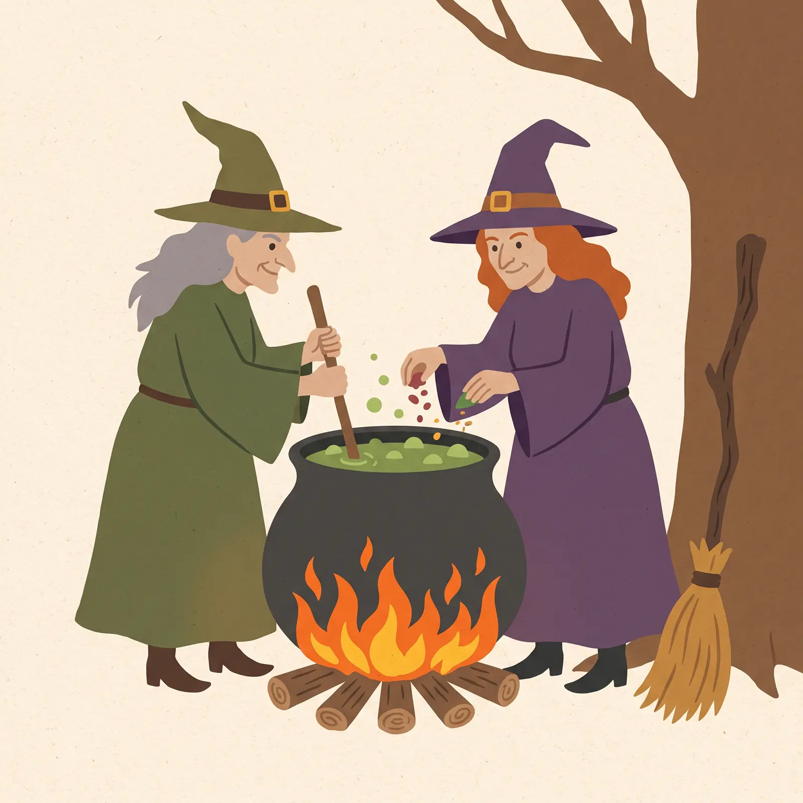 Two witches brewing a potion in a large cauldron over a campfire.