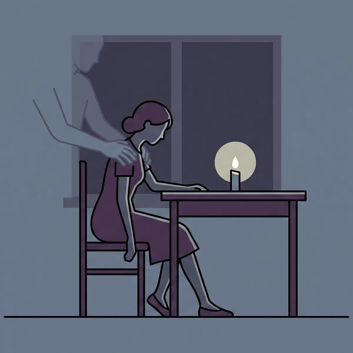 A silhouette of a frail woman sitting at a dining table in a dimly lit room, with a faint, shadowy outline of a man's hands resting on her shoulders.