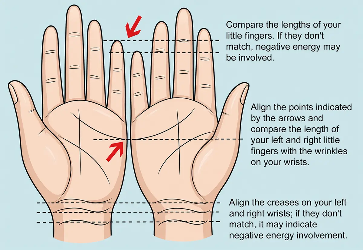 Illustration of palm structure showing asymmetric finger lengths and hand creases caused by negative energy